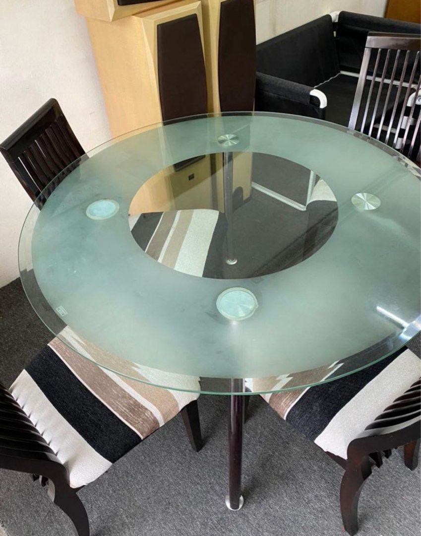 Round Table Kaca Round Glass Dining Table with Chairs, Furniture & Home Living ...