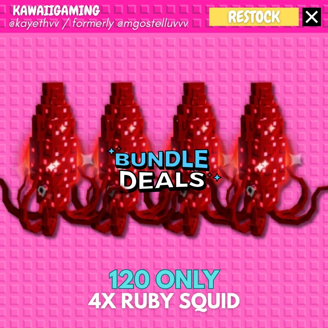 [ 4PCS BUNDLE ] RUBY SQUID GROW A GARDEN GAG PET ROBLOX (Category: In-Game Products) located in Cavite. Submitted by kawaiigaming (Listing ID 1405039876, Image 1). Description: 𐙚⋆.˚ kawaiigaming .ᐟ.ᐟ selling #growagarden pet & sheckles .ᐟ ♡ Pet ability can be seen on the 2nd photo. ♡ Always check my listings for more items. ♡ All pets available, some are pre-order and some are onhand— feel free to dm me what you need. ♡ Strictly not going first.
