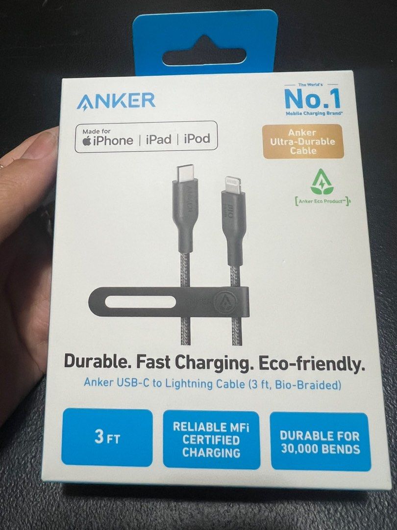 Authentic ANKER USB C to Lightning Black Cable Cord 3 ft Bio braided (Category: Chargers & Cables) located in Manila. Submitted by manila.decor.ph (Listing ID 1405005379, Image 1). Description: Authentic ANKER USB C to Lightning Black Cable Cord 3 ft Bio braided Compatible with: iPhone 6, 6 Plus, 7, 7 Plus, 8, 8 Plus, X, XR, 11, 11 ProMax, 12, 12 ProMax, 13, 13 ProMax, 14, 14 ProMax .