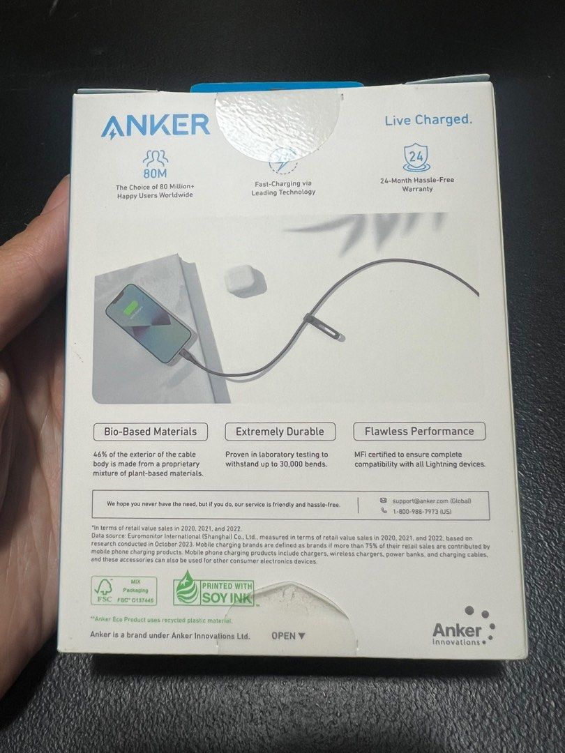 Authentic ANKER USB C to Lightning Black Cable Cord 3 ft Bio braided (Category: Chargers & Cables) located in Manila. Submitted by manila.decor.ph (Listing ID 1405005379, Image 2). Description: Authentic ANKER USB C to Lightning Black Cable Cord 3 ft Bio braided Compatible with: iPhone 6, 6 Plus, 7, 7 Plus, 8, 8 Plus, X, XR, 11, 11 ProMax, 12, 12 ProMax, 13, 13 ProMax, 14, 14 ProMax .