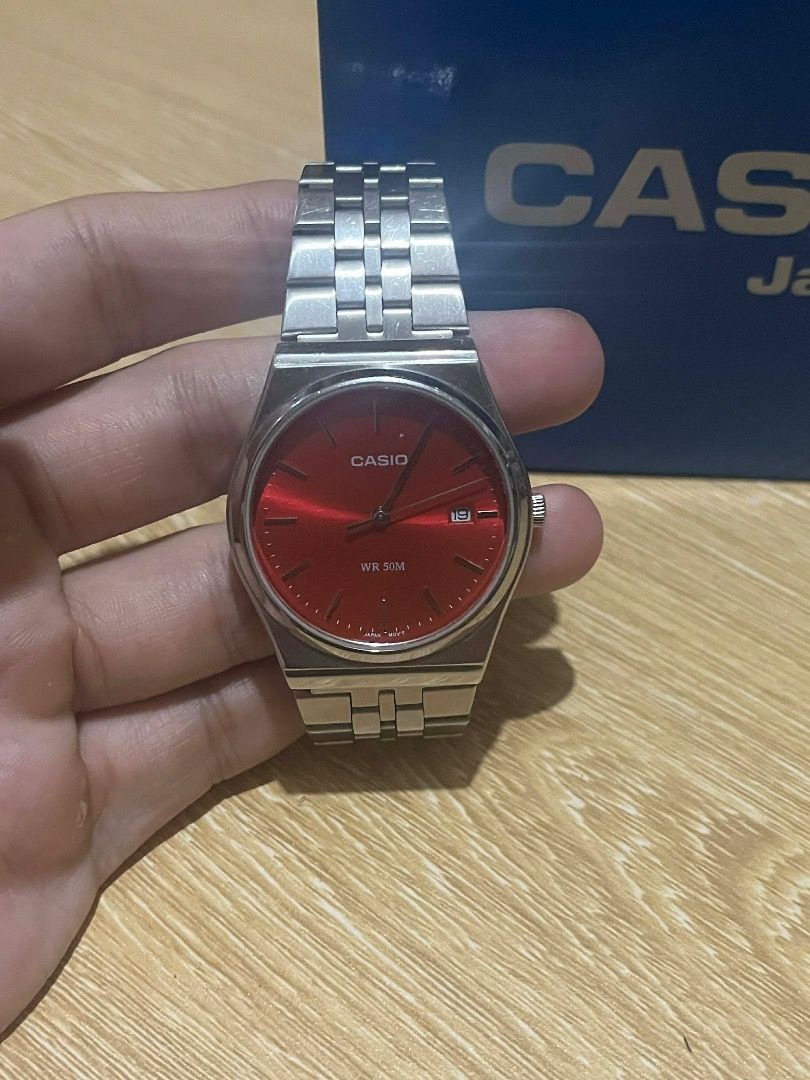 Casio MTP-B145D-4A2 Silver Watch with Red Dial (Category: Men's Watches) located in Antipolo. Submitted by andrewmariazeta (Listing ID 1405011312, Image 2). Description: Casio MTP-B145D-4A2 WR 50M Analog Stainless Steel Strap Watch For Men Silver watch with red dial and date With extra links/bands for adjustment RFS: Decluttering Online store: P5090.