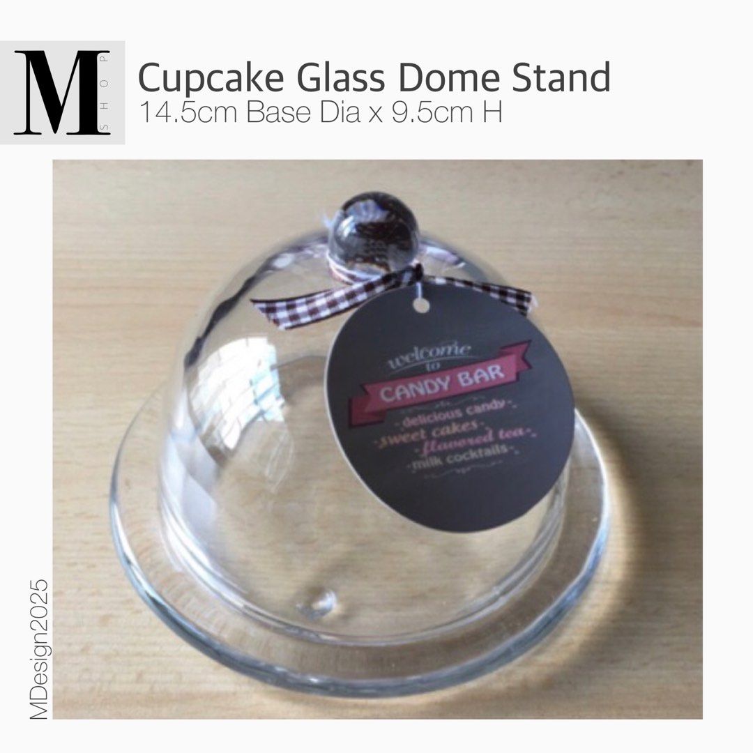 Cupcake Glass Dome Stand (Category: Other Kitchenware & Tableware) located in Manila. Submitted by mshopmla (Listing ID 1405112510, Image 1). Description: Cupcake Glass Dome Stand Made of Glass Add elegance to your dessert table or candy buffet with this Glass Dessert Stand with Dome Lid. Product Code: CGDS Size: 14.5cm Base Dia. X 9.5cm Total ht. Price: Php 560.00 each Product Code: CGDS-Mini Mini Size: 9.5cm Base Dia. X 9.5cm Total ht. Price: P