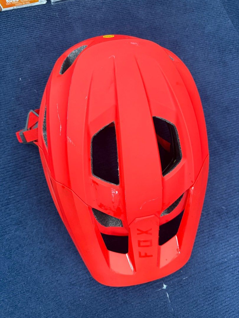 Fox Helmet MIPS MTB Helmet (Category: Bicycles) located in Taguig. Submitted by lalohan (Listing ID 1405001750, Image 1). Description: Fox MTB helmet in red. It features MIPS technology for added safety. The size is M, fitting heads 55-60cm. The helmet has a serial number 45000675911 and was manufactured on 15/06/2021. It has a QC number 2. The helmet has some minor scratches..