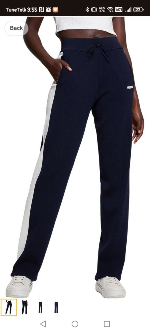 guess pants (Category: Activewear) located in Mentakab. Submitted by domomomomomo (Listing ID 1405043712, Image 1). Description: - Navy track pants - White stripe down the side - Drawstring waist - Side pockets - Small logo detail - Original price: RM799.00 - Comfortable, casual material.