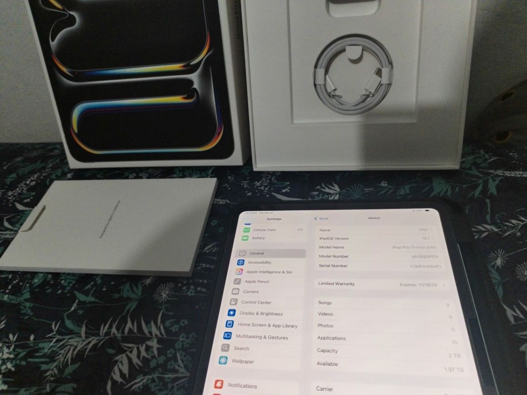 iPad Pro 11" M4 WiFi + Cellular 2TB (Category: iPad) located in San Jose del Monte. Submitted by neone.electronics (Listing ID 1405139321, Image 3). Description: iPad Pro 11" M4 WiFi + Cellular 2TB Model: MVW83PP/A Color: Silver Standard Glass Used only for watching movies and online class. Excellent working condition. SALE FOR ONLY 93k. Mall Price: 157,990.00 With protective bumper case and tempered glass since day 1. Complete with box, Type-C c