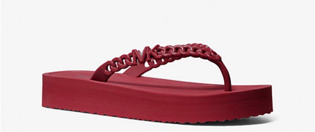 Michael Kors Zaza Platform Flip-flops in Deep Red (Category: Slippers and slides) located in Taguig. Submitted by deckluttering (Listing ID 1405067720, Image 2). Description: -used only once and indoors only -good condition 💯 -no box included when originally bought -originally bought for 5K at UK outlet - Chain MK detail on straps .