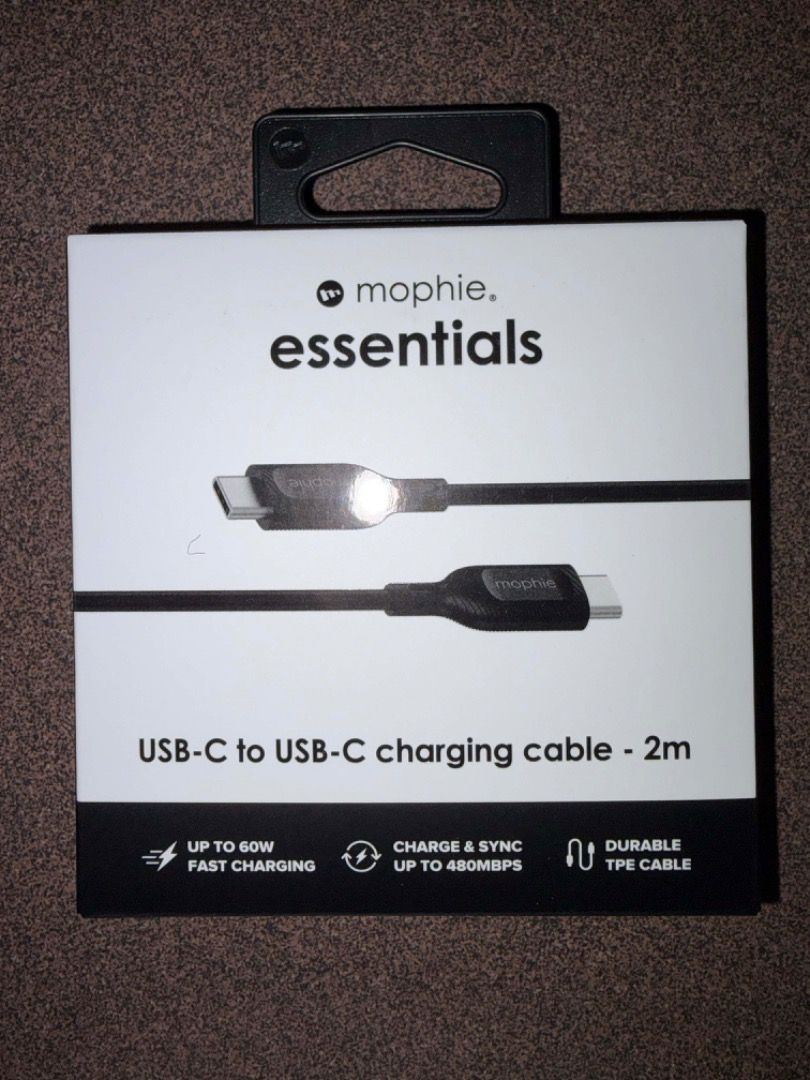 Mophie USB C to USB C 2m 60W charging cable (Category: Chargers & Cables) located in Bacolod City. Submitted by psj205 (Listing ID 1405106539, Image 1). Description: - Never used, brand new - Supports fast charging - Black color - 2 meters long - comes with Mophie warranty Original, from Power Mac.