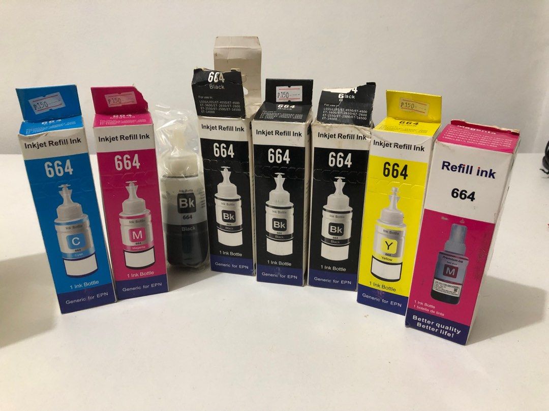 Printer INK refill (Category: Printers, Scanners & Copiers) located in Quezon City. Submitted by bentahansa_garahe (Listing ID 1405136482, Image 2). Description: Brandnew po itong lahat ng ink 750 AS PACK lahat na po yan 100 each kapag isa lang Ordinary ink good for continuous printer epson brother hp canon etc. Napasobra po ang bili 150 ko nabili each 4 black 1 blue 1 pink 1 violet 1 yellow.