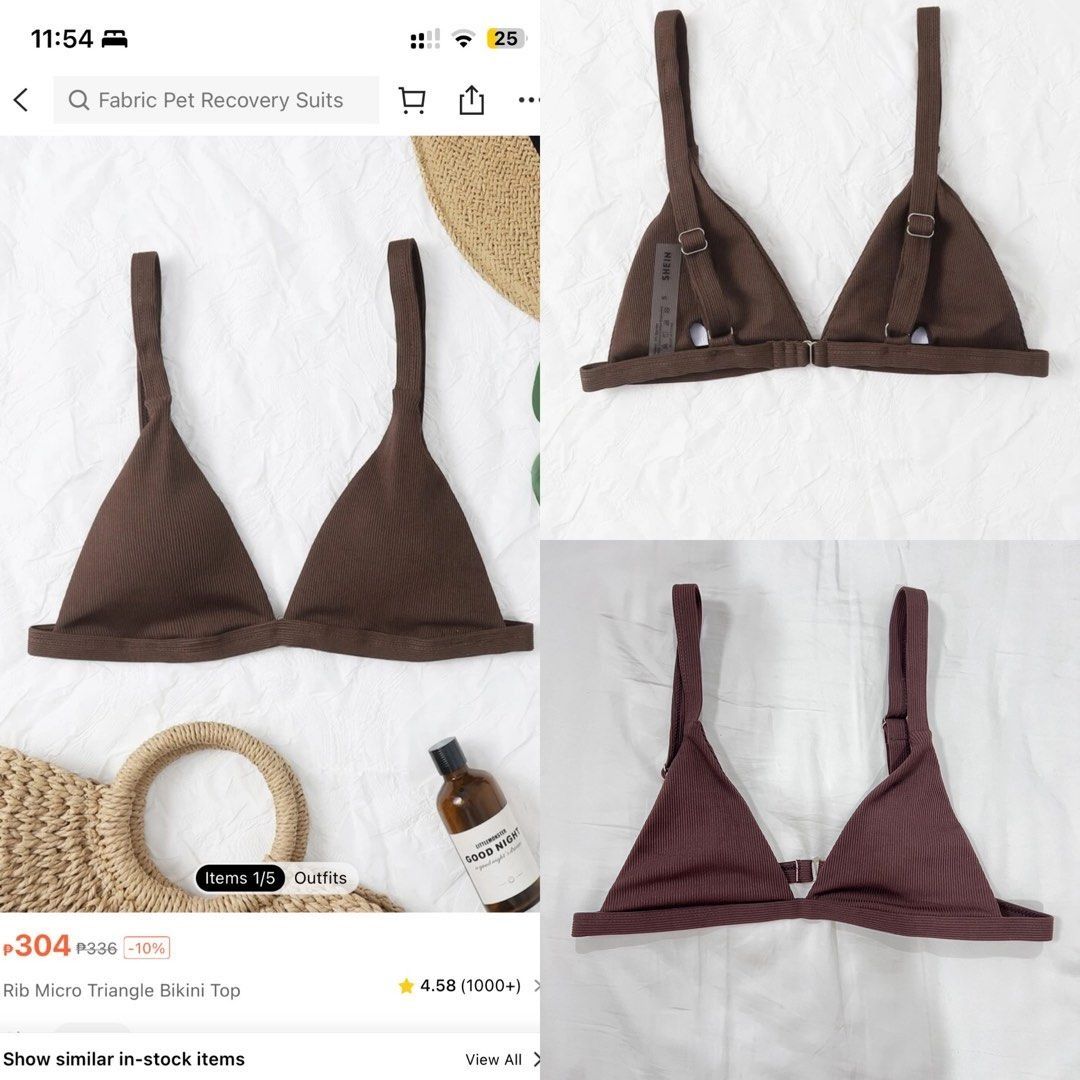 Shein Rib Triangle Bikini Top [XS Brown] (Category: Bikinis & Swimsuits) located in Manila. Submitted by offthelabelmnl (Listing ID 1404978840, Image 1). Description: Shein Rib Triangle Bikini Top [XS Brown] - Adjustable straps - Clasp closure at the back - Solid brown color - Perfect for beach or pool - like new - bought from Shein - RFS: decluttering Loc: Manila.