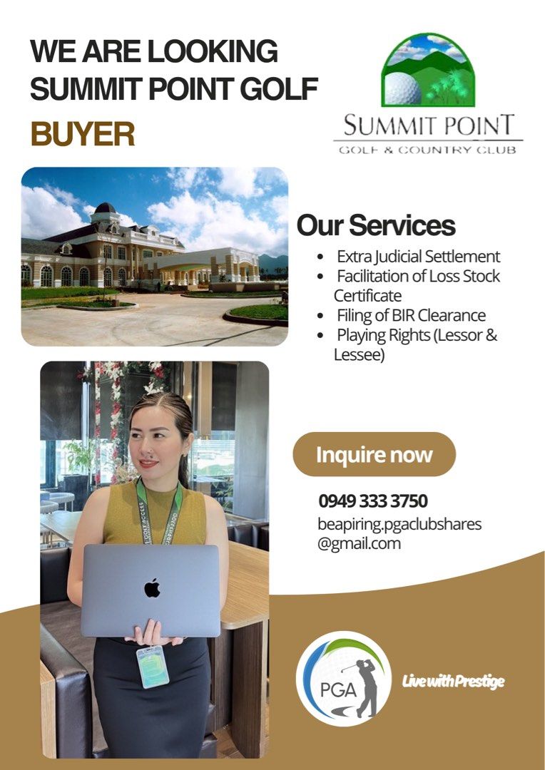 📍SUMMIT POINT GOLF SHARE (Category: Golf) located in Muntinlupa City. Submitted by beapring.pgaclubshares (Listing ID 1405018682, Image 1). Description: Looking to invest in a golf share? Here are available in the South.⛳️ • Eagle Ridge Golf • Manila Southwoods Golf • Orchard Golf • Riviera Golf Club • Sherwood Hills Golf • Summit Point Golf • Tagaytay Highlands/ Midlands • Vineyard Golf Message me for more details and a sample breakdown. 👩‍💻B