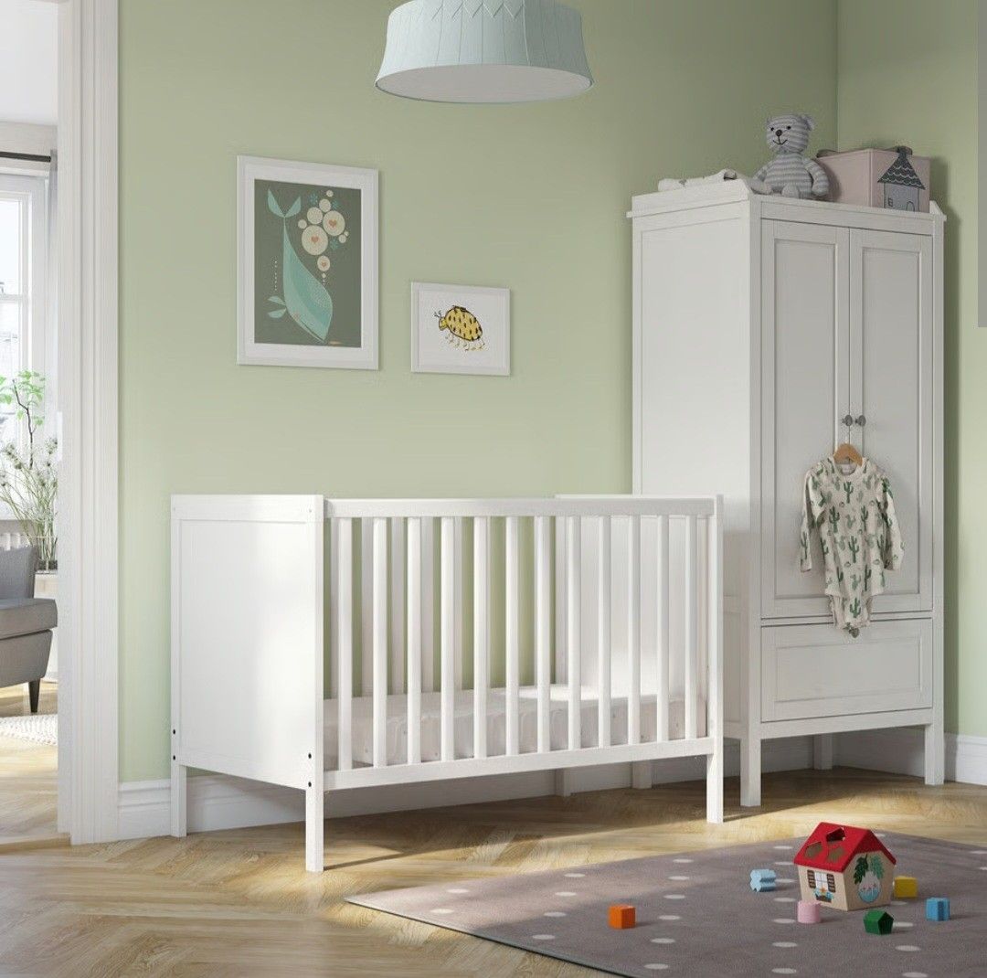 TAKE ALL IKEA White Baby Crib w/ Bedding Set (Category: Cots & Cribs) located in Quezon City. Submitted by rl_minimalist (Listing ID 1405100874, Image 3). Description: - White baby crib - Slatted side and solid end panels - Includes crib bumper and bedding - Convertible - Suitable for baby or toddler - Simple, clean design - Didnt use the crib and beddings Refer to other listings for details on crib and beddings.