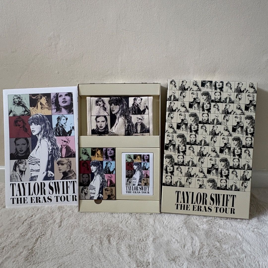 Taylor Swift The Eras Tour VIP Box (Category: Western Merchandise) located in Manila. Submitted by chapterthings (Listing ID 1404966259, Image 3). Description: Set of Taylor Swift The Eras Tour posters. Includes various designs featuring different eras. The box has a collage of Taylor Swift's images. The posters are colorful and feature different images of Taylor Swift..