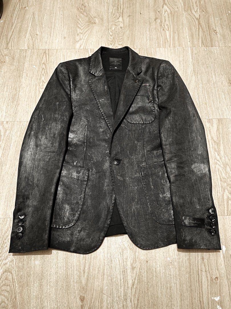 Textile Varnished “waxed” Blazer (Category: Coats, Jackets and Outerwear) located in Cabuyao City. Submitted by lackingly (Listing ID 1405084424, Image 2). Description: Textile Varnished Blazer (custom-made) hearing offersz for when worn check last slides used once and custom made for career guidance day finished with acrylic paint + varnish for a waxy high shine look similar to patent leather. pit to pit: 17.5 length: 26 Care: To preserve its hi