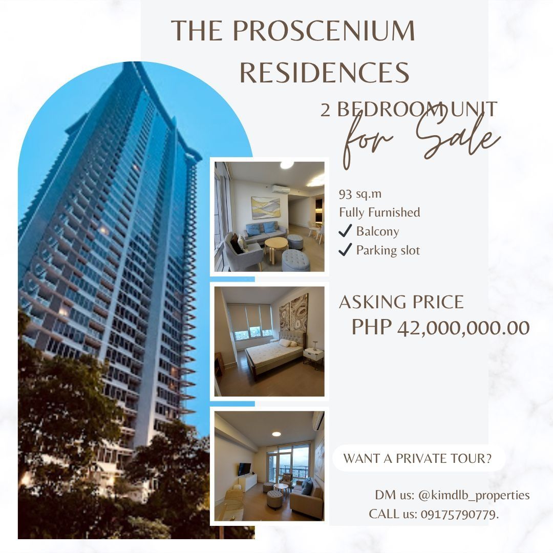 THE PROSCENIUM RESIDENCES 2 BEDROOM UNIT FOR SALE (Category: Apartments & Condos) located in Makati City. Submitted by kimdlb_properties (Listing ID 1356107092, Image 1). Description: ✨ New Listing Alert! ✨ THE PROSCENIUM RESIDENCES BY ROCKWELL 🏢55th floor Size: 93 SQ.M # of Bedrooms: 2 Bedrooms Furnishing: Fully furnished ✅Balcony ✅Parking Slot Ready for Move-In 🏷️ASKING PRICE: 💰SALE @ 42M GROSS Say hello to your next potential home! Beautifu