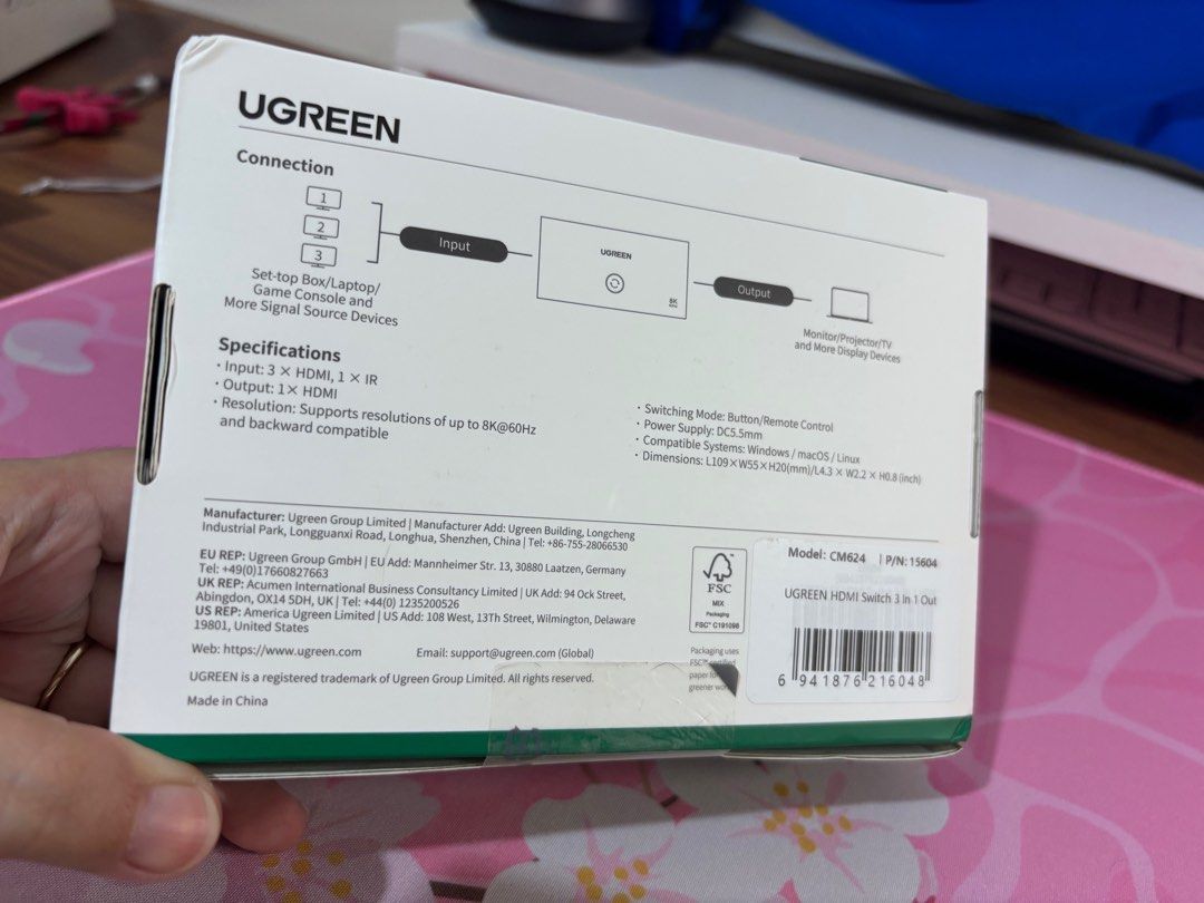 UGREEN HDMI 2.1 8K 60Hz Switch (Category: Cables & Adaptors) located in Rizal. Submitted by youronlineshoppe (Listing ID 1405143700, Image 3). Description: UGREEN HDMI switch with 3 inputs and 1 output. Supports resolutions up to 8K@60Hz. Compatible with Windows/macOS/Linux. Includes a remote control. Connects to set-top boxes, laptops, game consoles, and more. Features HDMI 2.1. Includes the switch, power adapter, and cable..