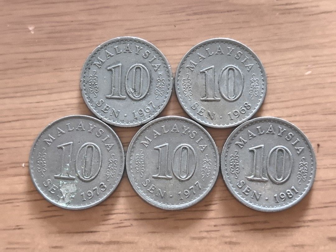 馬來西亞10仙硬幣五個年份(1967-1981)包平郵, 興趣及遊戲, 收藏品及紀念品, 錢幣- Carousell
