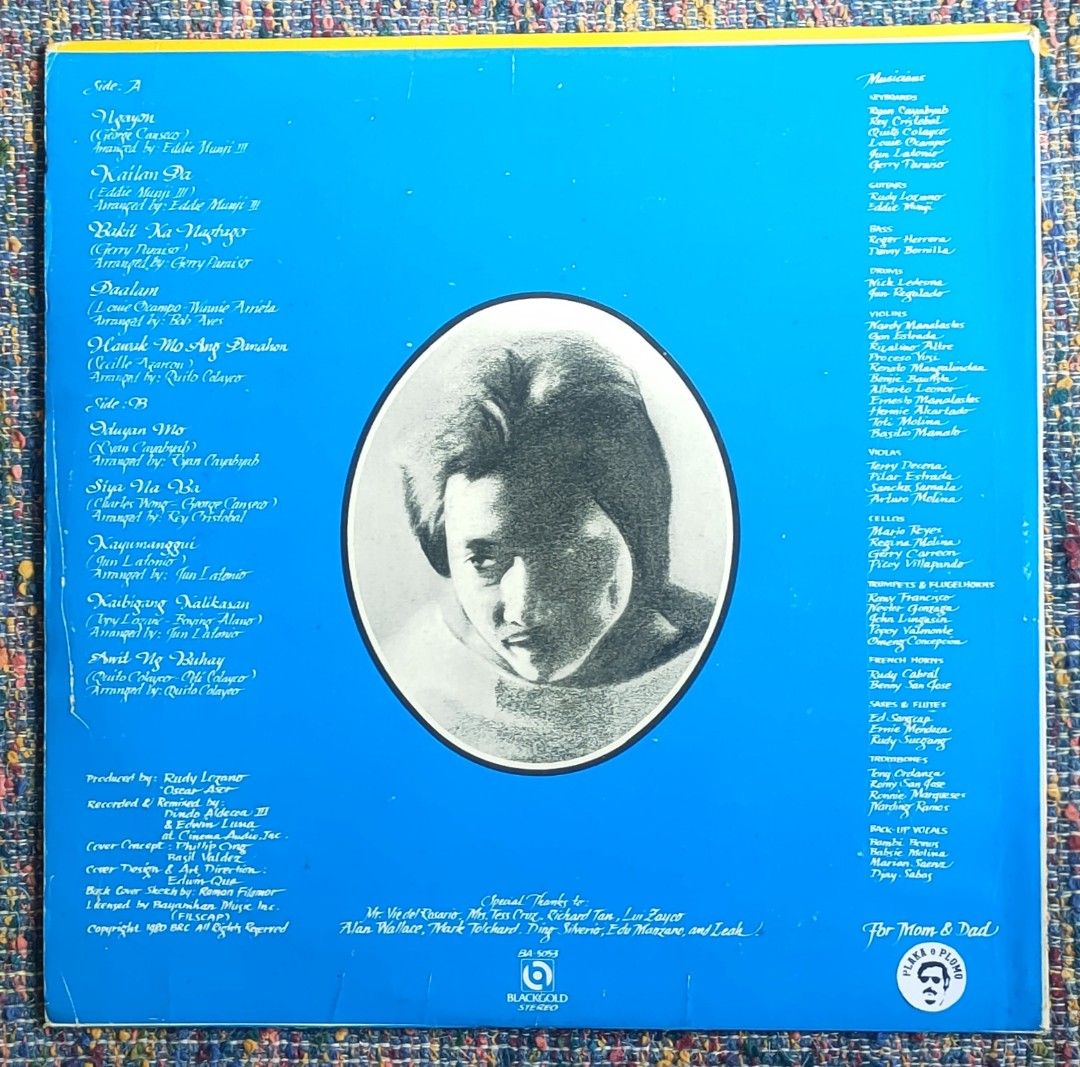 Basil Valdez - Ngayon LP Vinyl Record (Category: Vinyls) located in Quezon City. Submitted by plaka.o.plomo (Listing ID 1401808731, Image 2). Description: Artist(s) : Basil Valdez Album : Ngayon Year : 1979 Media : VG Color : Black Sleeve : VG+ No. : 1x Vinyl Size : 12" RPM : 33 Country : Philippines Catalog No. : BA-5053 Tracklist : - Side A 1. Ngayon 2. Kailan Pa 3. Bakit Ka Nagbago 4. Paalam 5. Hawak Mo Ang Panahon - Side B 1. Iduyan Mo 2. Siy