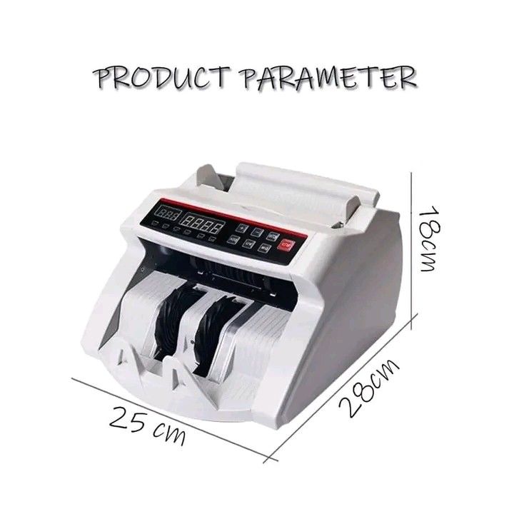 Bill Counter Machine (Category: Office & Business Technology) located in Manila. Submitted by micoooy (Listing ID 1401881834, Image 1). Description: Bill counter features an LED display and control panel. It has a banknote size adjustment board, entrance, and wheel. The machine includes a power switch, vents, and a power socket. It also has automatic start/stop and clearing functions. The dimensions are approximately 25cm x 28cm x 18cm..