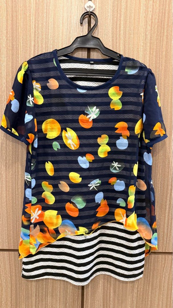 Floral Print Navy Blue Blouse (Category: Blouses) located in Taguig. Submitted by rizacarza (Listing ID 1401900214, Image 1). Description: Navy blue blouse with a floral print design. Features a round neckline and short sleeves. The blouse has a striped pattern on the front and back. There is a visible tear at the bottom hem. The blouse has a layered design with a white and black striped underlayer..