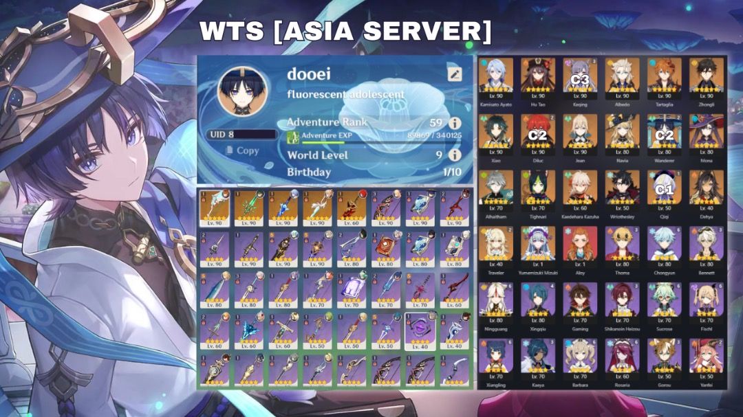 Genshin Impact Account (Category: Others) located in Angeles City. Submitted by goldentiger-d578 (Listing ID 1401825574, Image 1). Description: ☆ asia server ☆ AR59 / first owner / set birthday ☆ no deadlinks and willing to surrender the gmail ☆ MOP: gcash/paypal only .