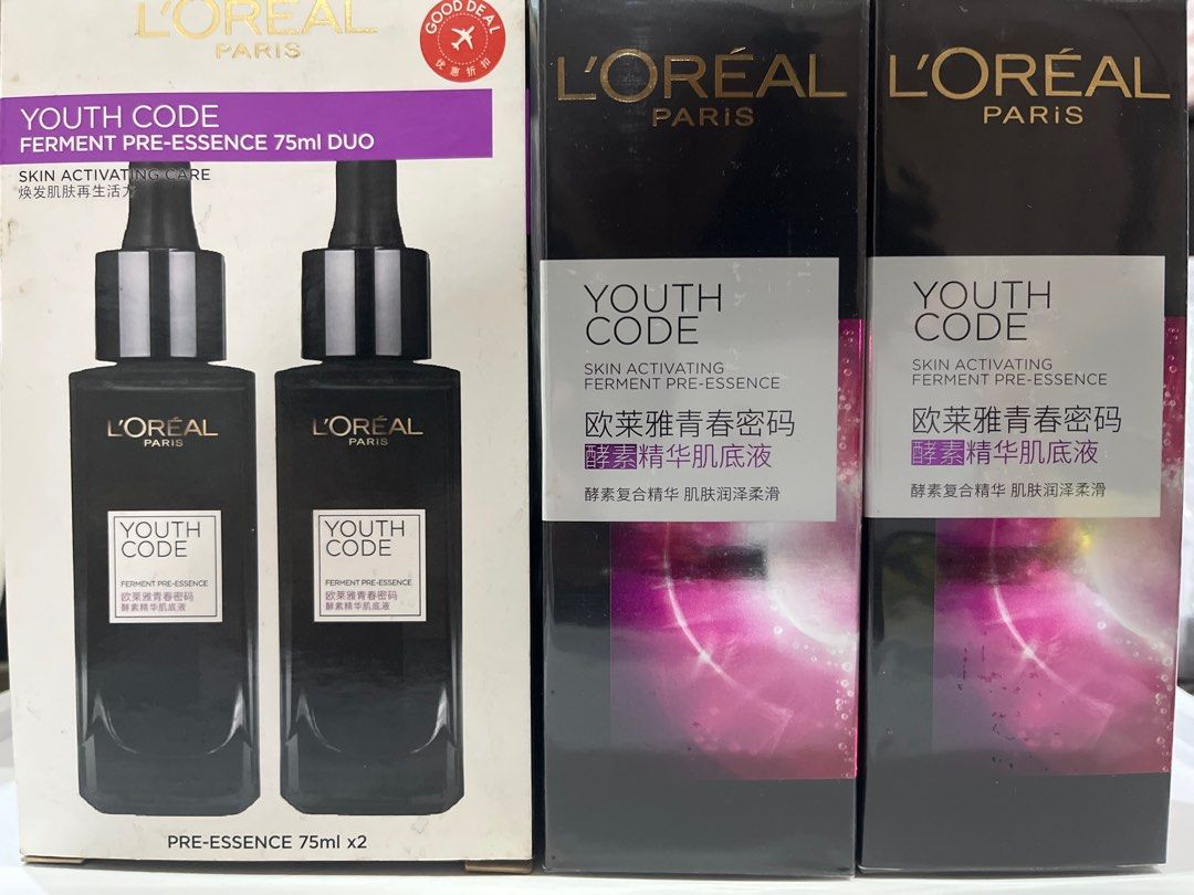 L'Oreal Paris Youth Code Ferment Pre-Essence 75ml Duo Set (Category: Face Care) located in Manila. Submitted by marylouche42170 (Listing ID 1401873209, Image 2). Description: L'Oreal Paris Youth Code Ferment Pre-Essence 75ml Duo. This pre-essence is designed for skin activation care. It is suitable for all skin types and is recommended for those aged 35+. The set contains two 75ml bottles. It enhances skin's self-renewal and strengthens skin barr