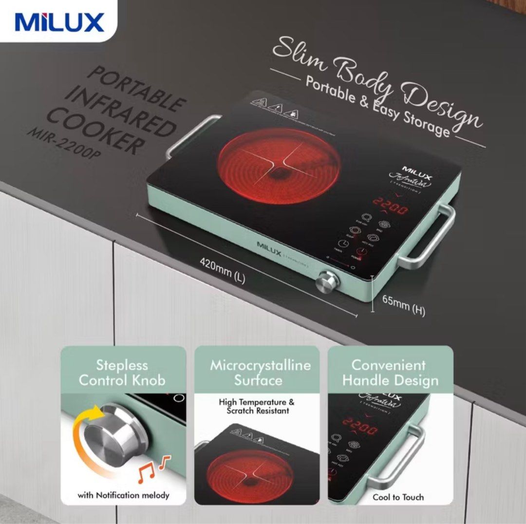 Milux Portable Infrared Cooker MIR-2200P (Category: Cookers) located in Shah Alam. Submitted by arissafuad (Listing ID 1401727740, Image 1). Description: - Nak jual sebab tak jadi pindah rumah - Belum pernah pakai .