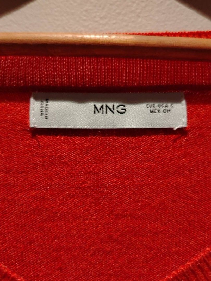 MNG V-Neck Sweater (Category: Coats, Jackets and Outerwear) located in Pasig City. Submitted by vthing (Listing ID 1401864028, Image 2). Description: - MNG bright red V-neck sweater - Size: S - Features: V-neck, long sleeves, ribbed hem and cuffs - Made in China - Versatile for layering.