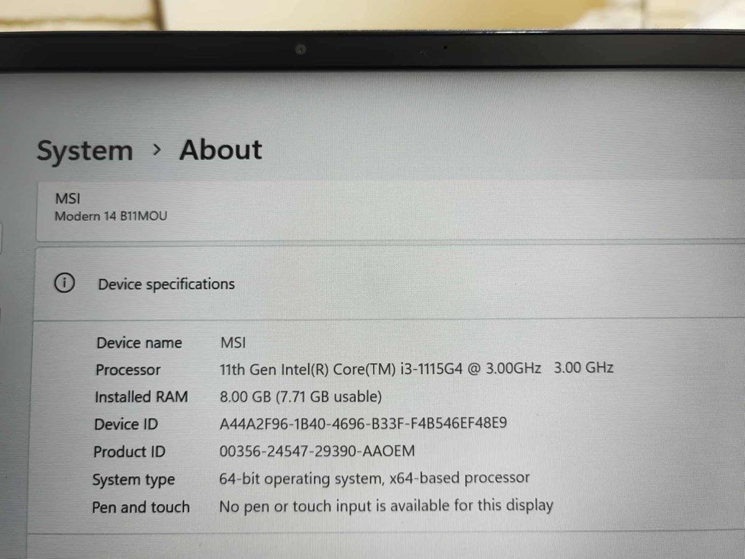 MSI Modern 14 UltraBook 14 (Category: Laptops & Notebooks) located in Kawit. Submitted by markuzmathers (Listing ID 1401856416, Image 3). Description: For sale MSI Modern 14 B11MOU Tiger Lake Intel Core I3 1115G4 11Th Gen 3.00Ghz 14” FHD IPS Up To Intel Iris XE Graphics 8Gb DDR4 3200MHz Max Up To 64Gb 256Gb Nvme SSD Gen4 HD Webcam Single (White) Backlit Keyboard Wifi 6 /Bluetooth 5.1 1x Mic In / Headphone-out Combo Jack 2x Type-A Usb 3.2 Gen 1 Mi
