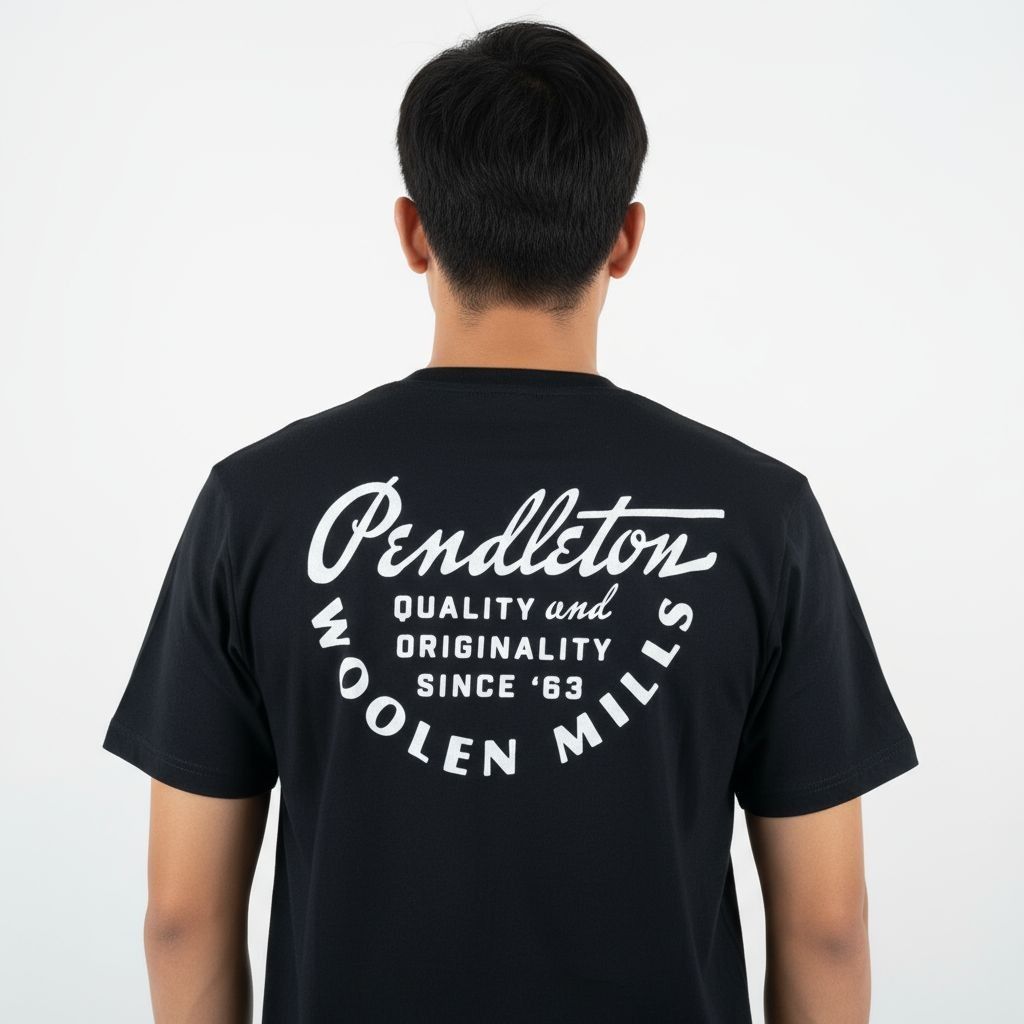 AUTH Pendleton BLACK crew neck back hit Woolen Mills T-Shirt 139UK (Category: Tshirts & Polo Shirts ) located in Muntinlupa City. Submitted by thriftstorypremiumshop (Listing ID 1401880375, Image 1). Description: Black Pendleton t-shirt. Features the Pendleton logo on the front and a larger design on the back that includes "Pendleton Woolen Mills" and "Quality and Originality Since '63". The tag is visible in one of the images. Dimension 21" pit 
