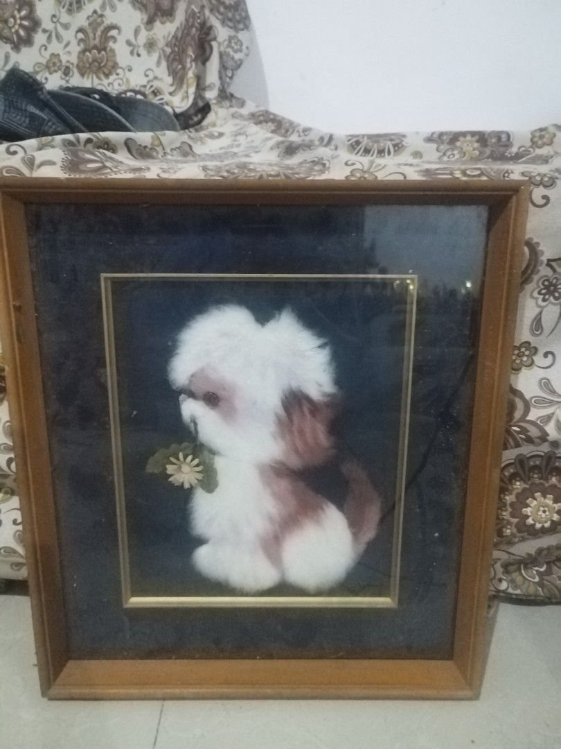 Vintage Shih Tzu Framed Art (Category: Frames & Pictures) located in San Rafael. Submitted by jflshoppe1989 (Listing ID 1401834064, Image 1). Description: - Vintage framed artwork - Features a charming Shih Tzu dog - Wooden frame with glass cover - Wooden back - Dog is holding a flower - Great for dog lovers and vintage decor enthusiasts L-15.5 inches H-18 inches.