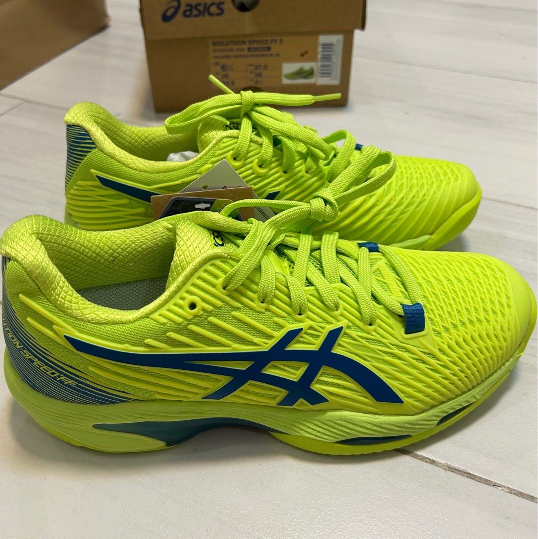 Asics Solution Speed FF 2 Hazard Green/Reborn Blue (Category: Sneakers) located in General Trias. Submitted by ellaintia (Listing ID 1405257510, Image 1). Description: BRANDNEW ASIC SOLUTION SPEED FF2 (womens) Hazard green / reborn blue color way Size US 6.5 EURO 37.5 BR 35 AR 36 CM 23.5 UK 4.5 Comes with paper bag and box RFS: wrong size Orig price 9,000 Selling it for 6k.