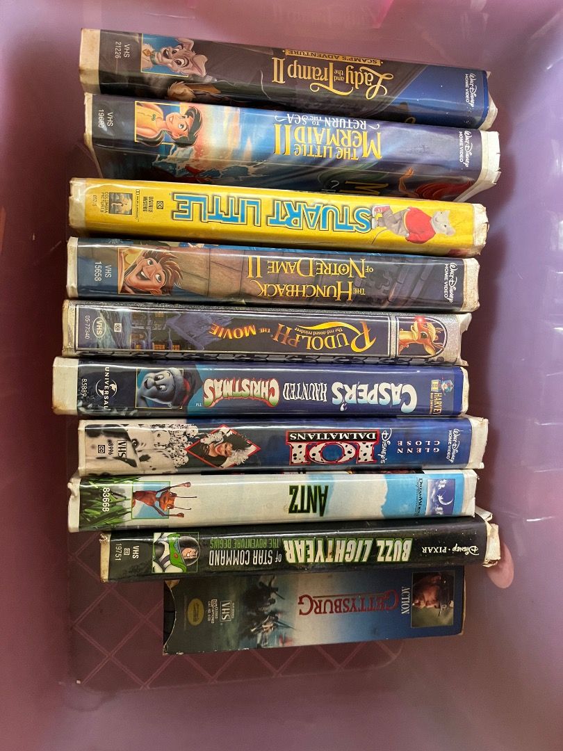 Assorted VHS Tapes - Disney, Pixar, and More (Category: CDs & DVDs) located in Quezon City. Submitted by zenfish_8bfd2b (Listing ID 1405200535, Image 1). Description: Collection of VHS tapes featuring various movies. Includes titles like "Lady and the Tramp II", "The Little Mermaid", "Stuart Little", "The Hunchback of Notre Dame", "Rudolph the Red-Nosed Reindeer", "Casper's Haunted Christmas", "101 Dalmatians", "Antz", "Buzz Lightyear of Star Com