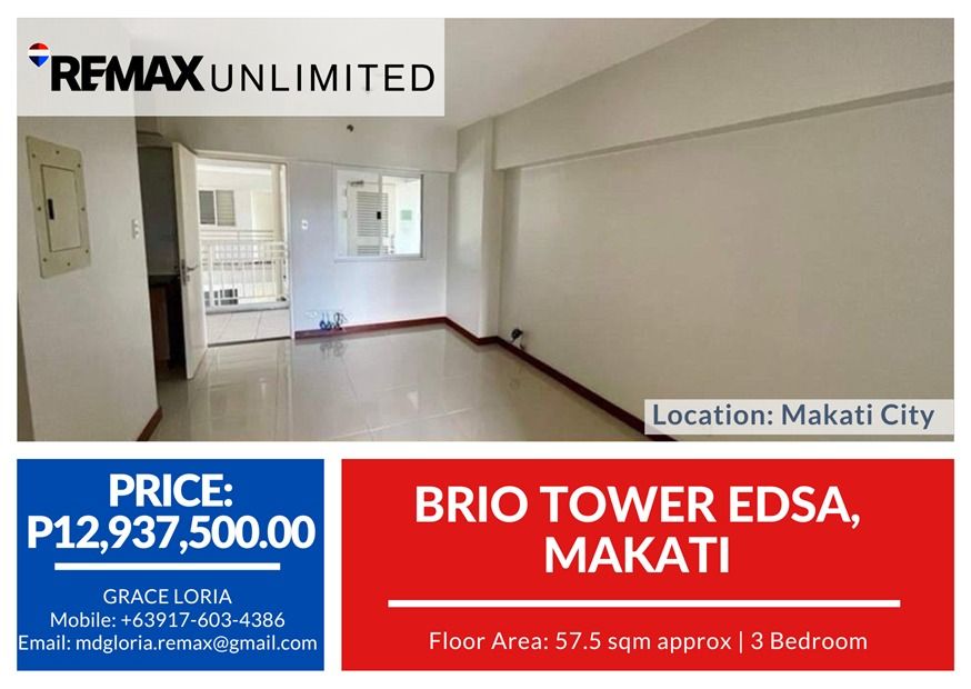 BRIO Tower Edsa, Makati (Category: Apartments & Condos) located in Makati City. Submitted by REMAXUNLIMITEDPH (Listing ID 1405216846, Image 1). Description: BRIO TOWER Edsa, Makati Next to Rockwell, Powerplant Mall (5-10 min walk) 3 BEDROOM 2 bathrooms 2 balconies 25th floor Corner unit 84.5 sq meters Unobstructed view of Powerplant Mall & Makati Skyline Prime Parking available w/ own title located on main floor 12.5 sq meter Asking price : Php 1