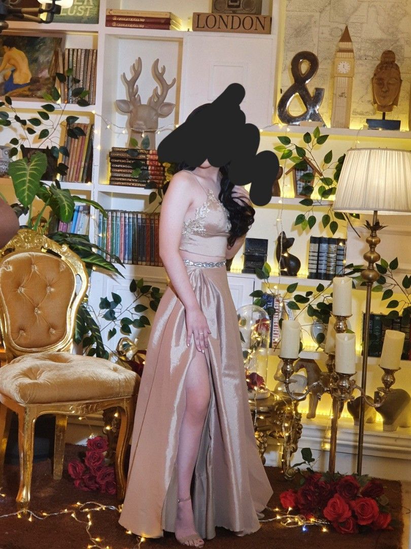 Graduation / Prom Gown (Category: Evening dresses & gowns) located in Quezon City. Submitted by declutterhouse (Listing ID 1405275467, Image 3). Description: selling my super duper fave debut gown! guys i love this piece sm but it doesnt fit me anymore talaga. so it's 2 pieces, one top and one skirt. color beige, and i had the top and skirt custom made (bought from karimadon but asked a seamstress to add the bling blings) bust 32 waist 25 height 