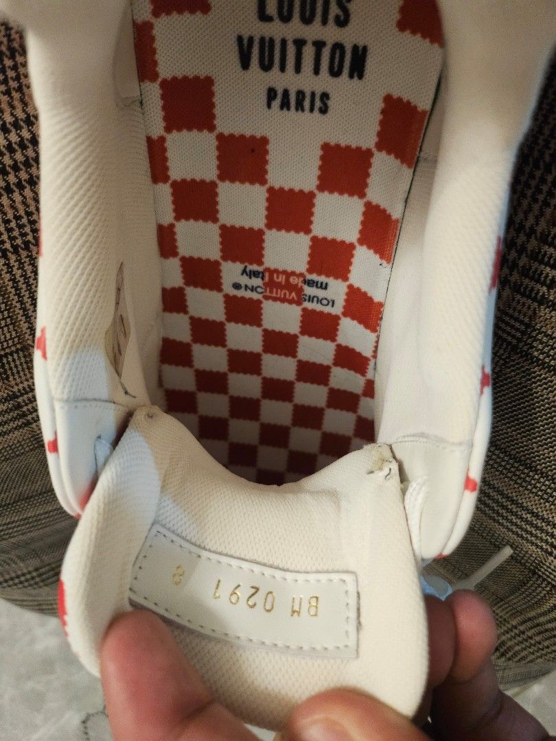 Louis Vuitton LV Red White Damier (Category: Sneakers) located in Pasig City. Submitted by quickcloud.234705 (Listing ID 1405322175, Image 3). Description: Used once size 10 LV red white damier included everything. negotiable.