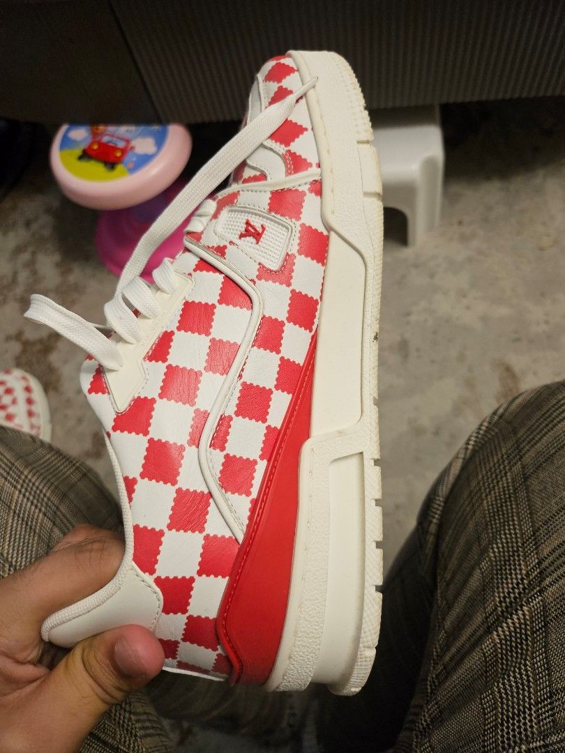 Louis Vuitton LV Red White Damier (Category: Sneakers) located in Pasig City. Submitted by quickcloud.234705 (Listing ID 1405322175, Image 2). Description: Used once size 10 LV red white damier included everything. negotiable.