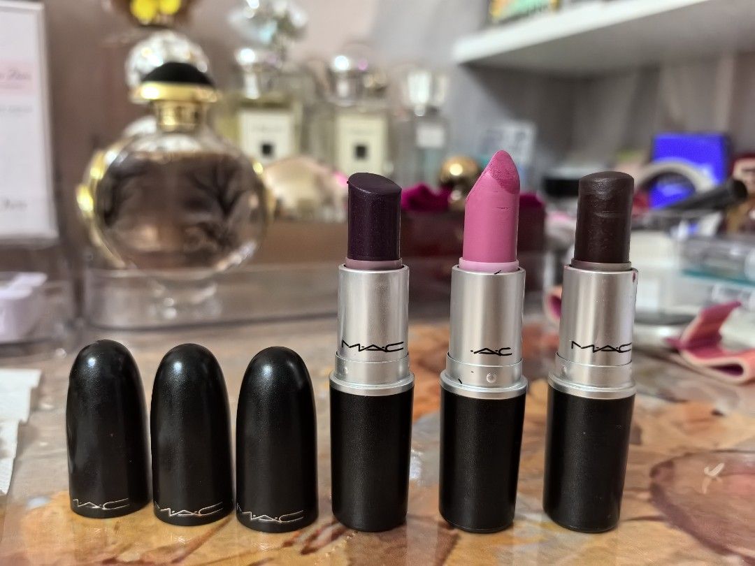 MAC Lipstick Set (Category: Makeup) located in Palompon. Submitted by vanilladdiction123 (Listing ID 1405302044, Image 2). Description: - MAC Lipstick Set - Includes Rebel (deep purple), Steady Going (bright pink), and Media (dark brown) shades - Original black MAC tubes #mac #maclipstick #authentic.