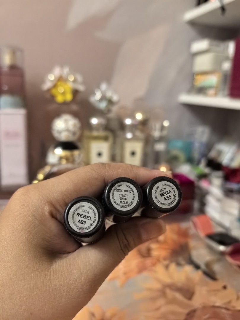 MAC Lipstick Set (Category: Makeup) located in Palompon. Submitted by vanilladdiction123 (Listing ID 1405302044, Image 3). Description: - MAC Lipstick Set - Includes Rebel (deep purple), Steady Going (bright pink), and Media (dark brown) shades - Original black MAC tubes #mac #maclipstick #authentic.