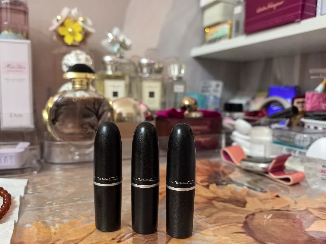 MAC Lipstick Take All (Category: Makeup) located in Palompon. Submitted by vanilladdiction123 (Listing ID 1405301188, Image 1). Description: - Authentic MAC lipstick set - Includes shades: Quick Sizzle, Dare You, Dark Side - Classic black MAC tubes - Variety of finishes (matte, etc.) - See colors in the photos #mac #maclipstick #lipstick.
