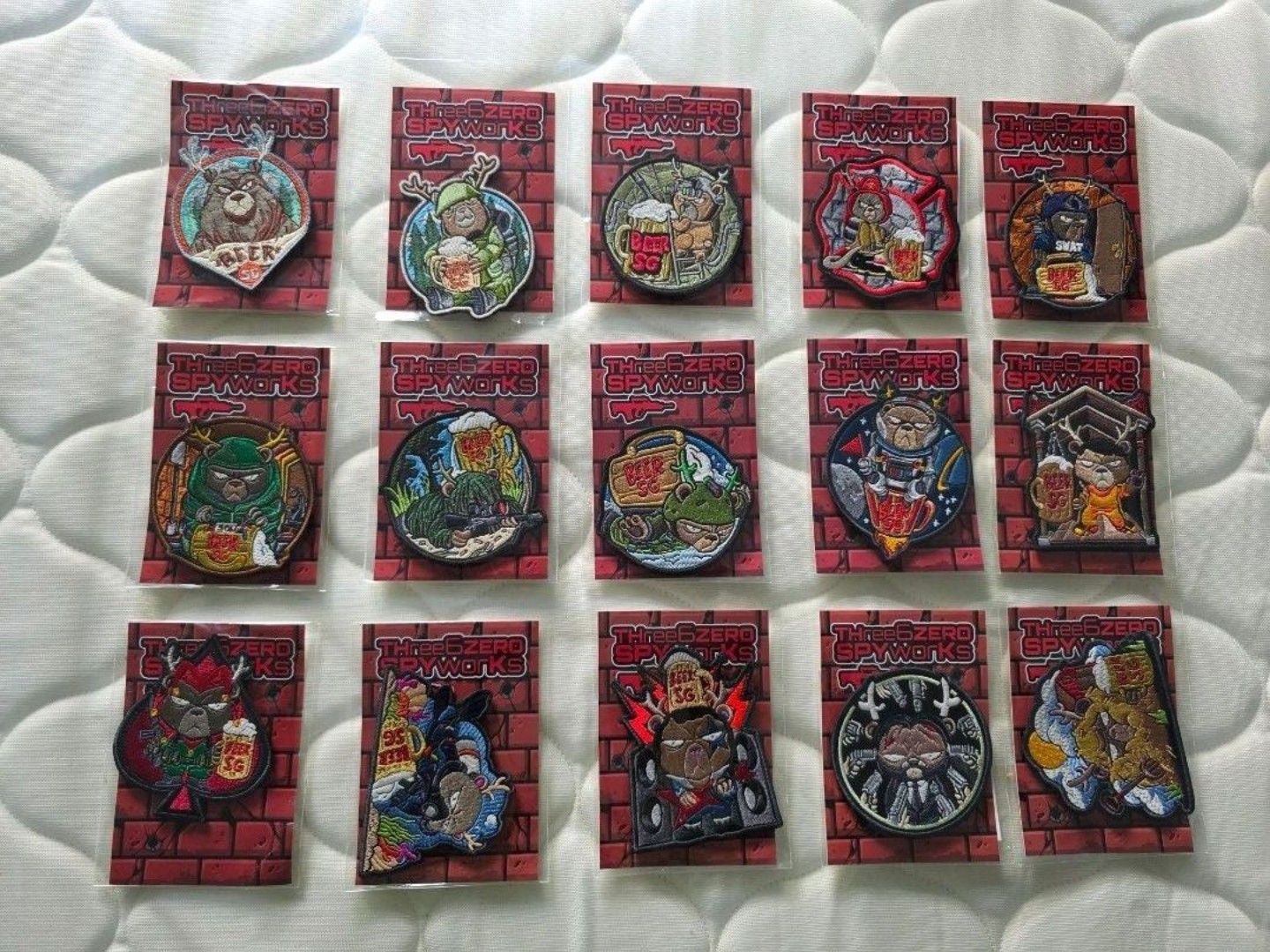 Morale Patch (Category: Vintage Collectibles) located in Singapore. Submitted by oldmannegoy (Listing ID 1405270234, Image 1). Description: Beer Bear SG series patches Whole set of 15 patches Inclusive of the very rare V1 Beer! Selling as a set only..