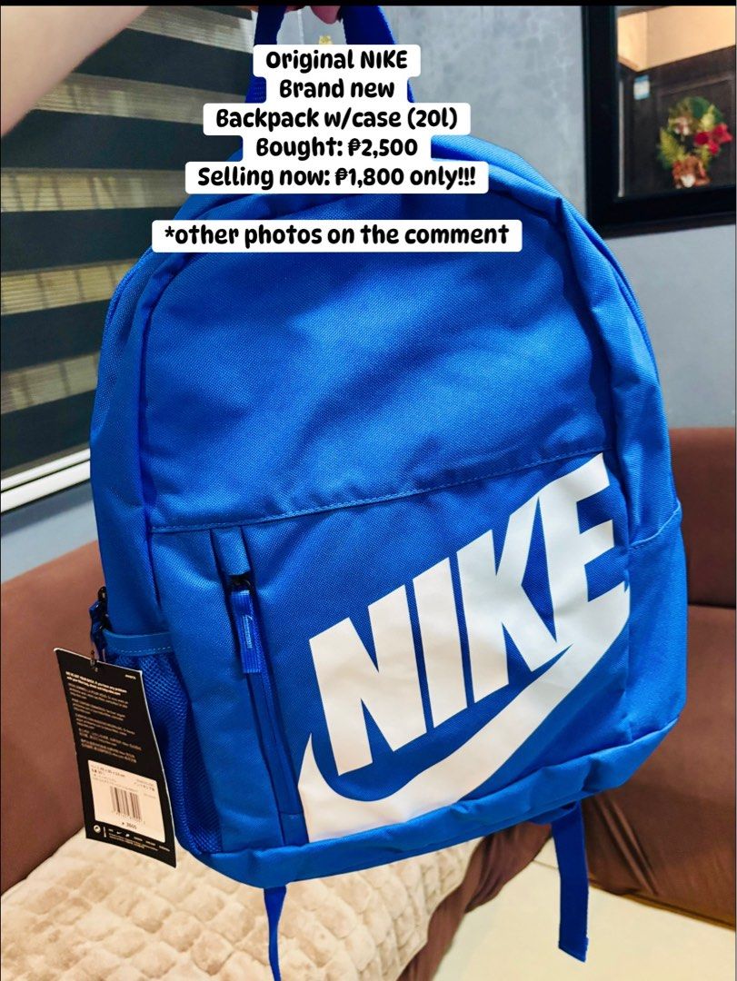 Nike Backpack 20L (Category: Backpacks) located in Marilao. Submitted by 12forkeeps (Listing ID 1405323360, Image 1). Description: - Original Nike backpack - Color: Blue - Capacity: 20L - Includes a case - Features Nike logo - Side pocket - Zipper closure - Adjustable straps - Dimensions: 45 x 30 x 13 cm.