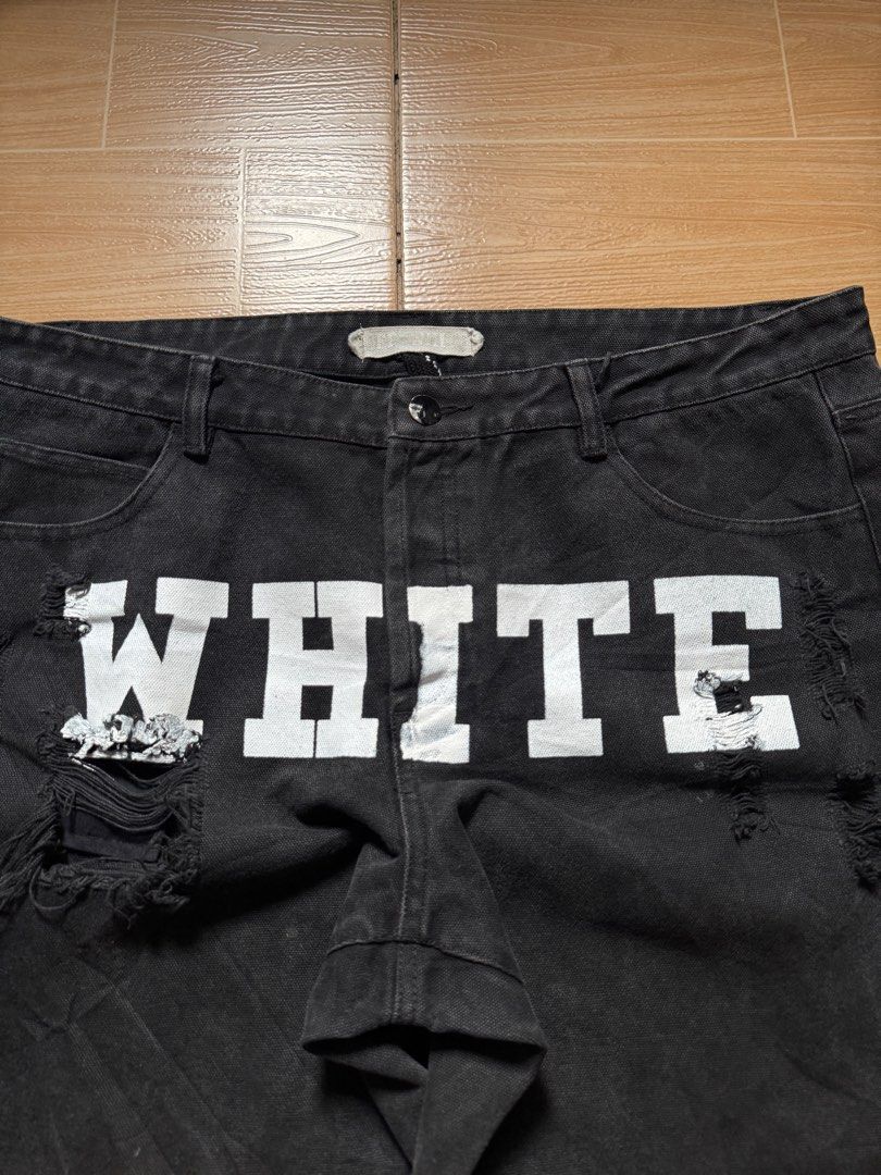 Off White Distressed Pants (Category: Jeans) located in Meycauayan. Submitted by itstimothrifts (Listing ID 1405300156, Image 3). Description: Off White Distressed Pants Excellent Condition Issue on letter I print (seen on pic) Size XL Actual Width 38 Length 44 Leg Opening 7 Front Rise 13.