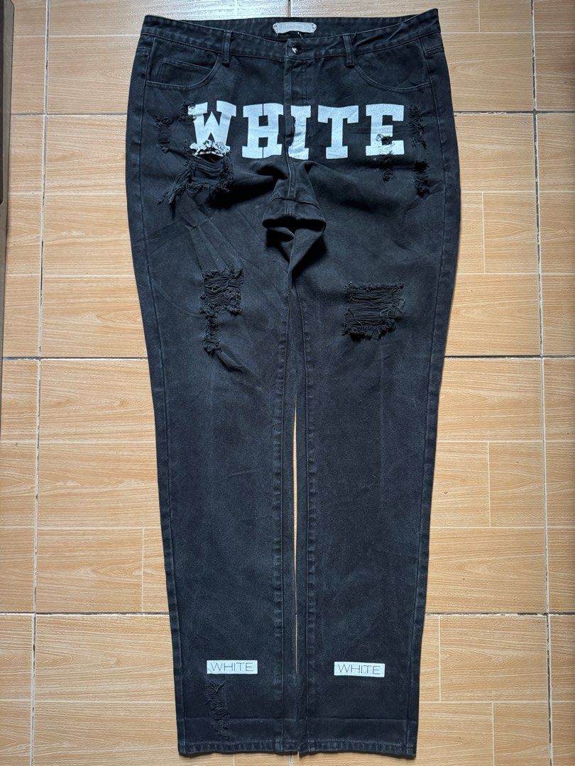 Off White Distressed Pants (Category: Jeans) located in Meycauayan. Submitted by itstimothrifts (Listing ID 1405300156, Image 2). Description: Off White Distressed Pants Excellent Condition Issue on letter I print (seen on pic) Size XL Actual Width 38 Length 44 Leg Opening 7 Front Rise 13.