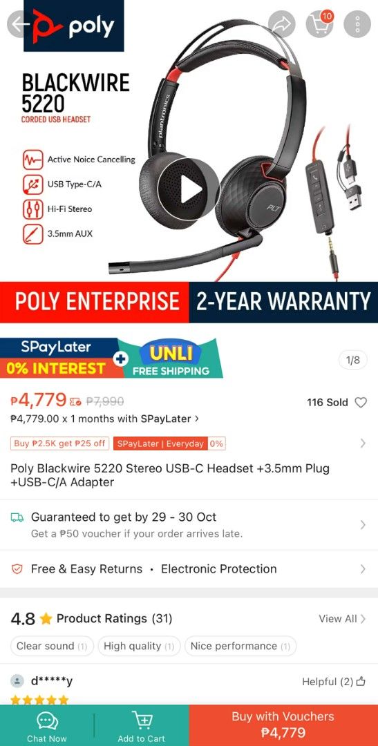 Poly Blackwire 5220 Stereo USB-C Headset +3.5mm Plug +USB-C/A (Category: Headphones & Headsets) located in Quezon City. Submitted by apex0917 (Listing ID 1405174287, Image 2). Description: Poly Blackwire 5220 USB headset with active noise canceling. Includes a USB Type-C and 3.5mm AUX connection. Comes with a carrying case, quick start guide, and original box. Features -Fi stereo sound. RFS: Extra headphones Condition: 10/10 (Never been used).