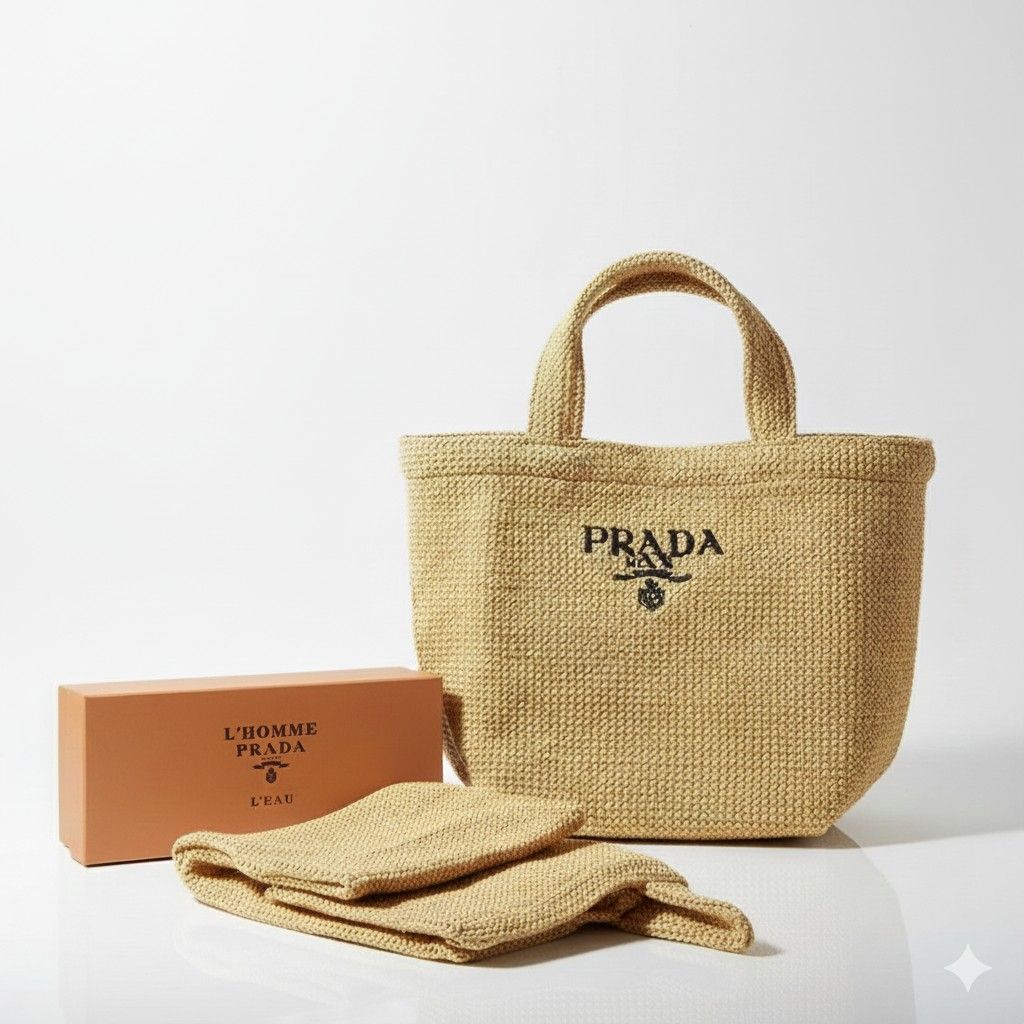 Raffia GWP Prada (Category: Luxury Bags & Wallets) located in Las Pinas. Submitted by mystic_tragicallychic (Listing ID 1405294448, Image 1). Description: Woven Bag Brandnew w/ box 2pcs avail All items are guaranteed authentic or your money back 💯.