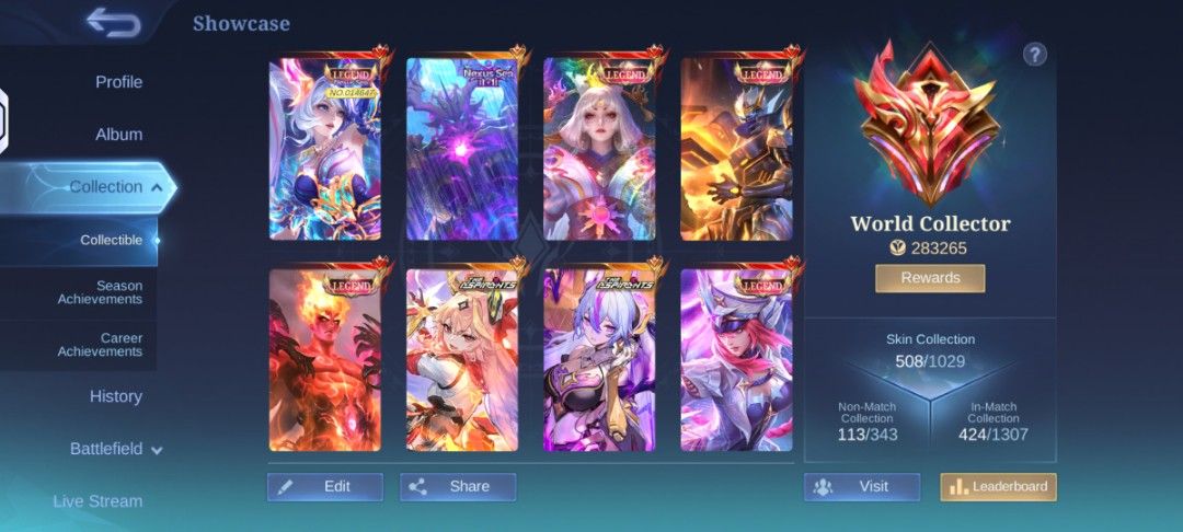 RUSH Mobile Legends Account - World Collector (Category: Others) located in Las Pinas. Submitted by buddybrown (Listing ID 1405339801, Image 1). Description: Rush Premium Main World Collector Account - Lots of Skins - High Winrate.