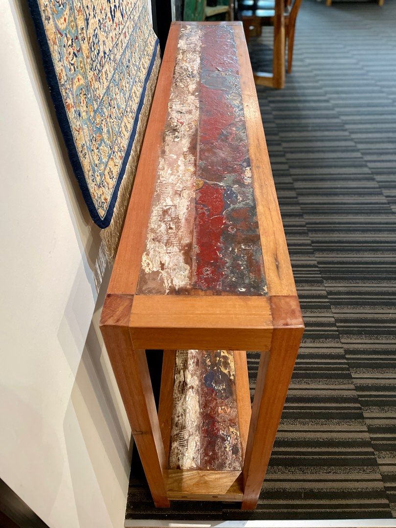 Rustic Solid Wood CONSOLE TABLE (Category: Tables & Sets) located in Singapore. Submitted by zaksg79 (Listing ID 1405268259, Image 3). Description: Size: 160 x 30 x h.90 cm Solid Wood Console Table made in Bali from authentic Boat Wood (recycled hardwoods from traditional Indonesian fishing boats). A one-of-kind piece! Very good condition (showroom piece). Suitable for both indoor & outdoor use. RRP: S$980 **NOW ONLY S$390!!** 60% Discount, Year 