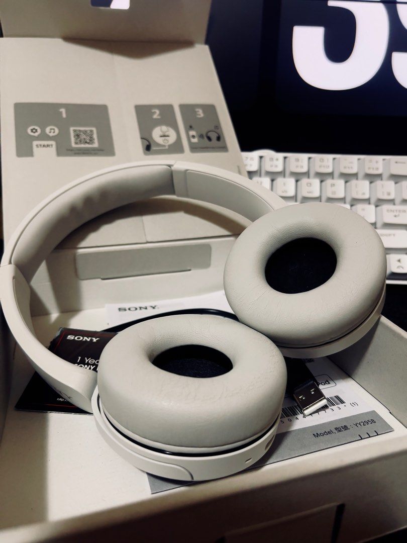 Sony Wireless Stereo Headphones (Category: Headphones & Headsets) located in Ozamiz City. Submitted by bleu.collar (Listing ID 1405285903, Image 2). Description: - White Sony wireless stereo headphones - Includes original box, warranty card, and charging cable - Foldable design for easy storage - Comfortable circular earcups with soft padding - Sony logo on headband - Model number: Y2205B.