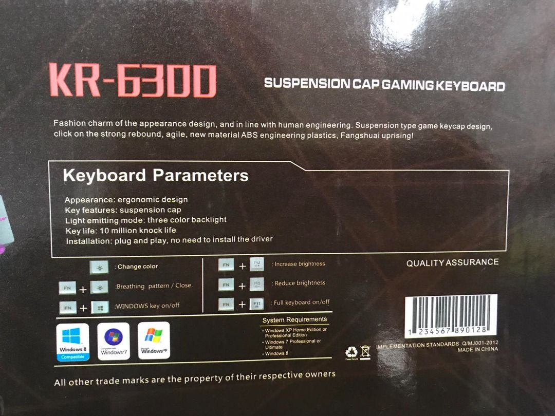 Speed KR-6300 Suspension Cap Gaming Keyboard (Category: Computer Keyboard) located in Caloocan City. Submitted by gfcha2152133 (Listing ID 1405166730, Image 2). Description: Speed KR-6300 gaming keyboard features a suspension cap design with ergonomic design. It has three-color backlight and a key life of 10 million knock. It supports plug and play installation. The keyboard has change color, breathing pattern, and Windows key on/off functions. I