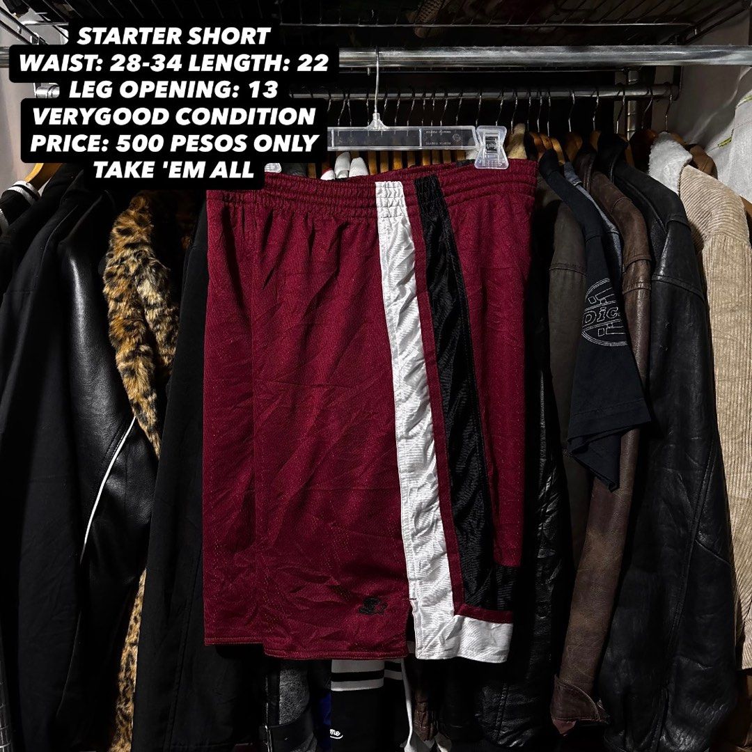 Starter Shorts (Category: Shorts) located in Caloocan City. Submitted by bonsatocha43876 (Listing ID 1405231593, Image 1). Description: - Maroon color - White and black stripes on the side - Waist size: 28-34 - Length: 22 - Leg opening: 13 - Price: 500 pesos.